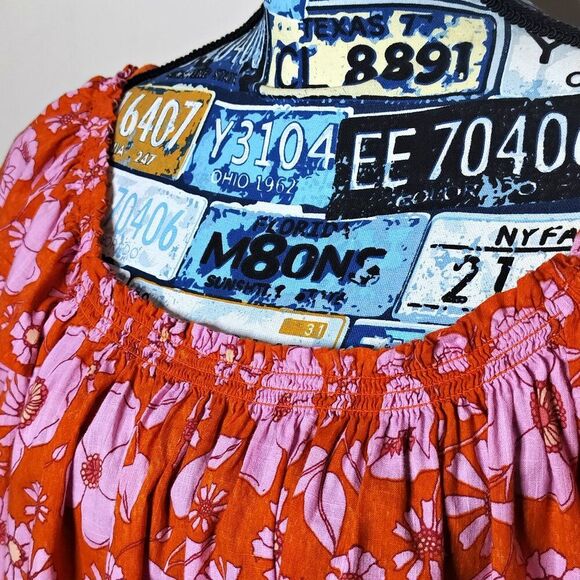 FREE PEOPLE Miss Daisy Floral Ruffle Top Off Shoulder Puff Sleeve Heat Wave Sz M - Picture 4 of 16